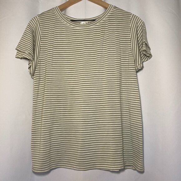 Nine Britton Rylan Double Flutter Cape Sleeve Womens M Tee Green Stripe Knit EUC - Picture 1 of 8